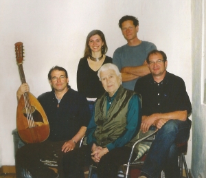 Fjoralba Turku and Tobia Ott (back row) Geoff Goodman, Charlie Mariano, and Bernd Hess (front row) from Geoff Goodman's Tabla and Strings - Song Of Nature (2008) CD booklet crop