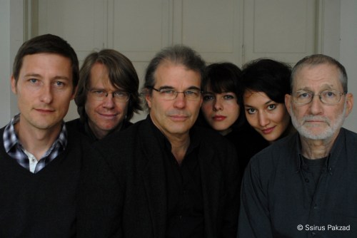 the Jazz + Haiku players including Till Martin, Henning Sieverts, Geoff Goodman, Fjoralba Turku, Kiyomi, and Bill Elgart (photo by Ssirus Pakzad))