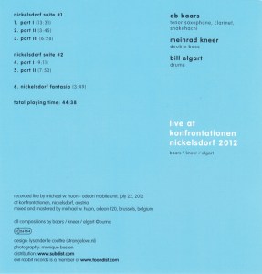 image of Baars-Kneer-Elgart - Live At Konfrontationen Nickelsdorf 2012 (2018) Evil Rabbit Records CD insert